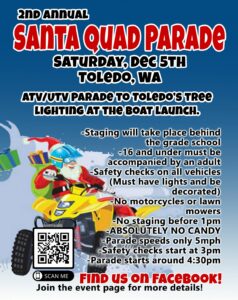 Santa Quad Parade Flier for parade in Toledo, WA on December 5th, 2020